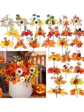28 Pcs Fall Floral Picks - Artificial Maple Leaf Stems, 12 Inch Decor for Autumn